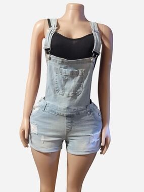 Wax Jean Light Blue Distressed Denim Short Overalls